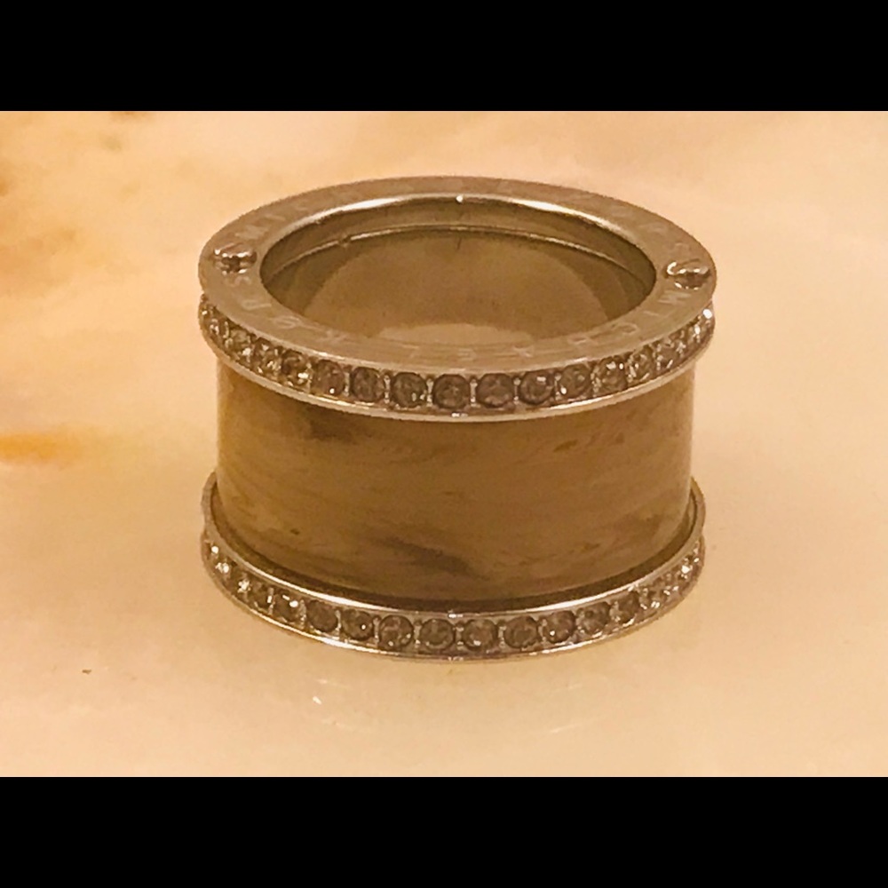 NEW Michael Kors Horn Marble Brown Beige Silver Crystal Barrel Cigar Band Ring